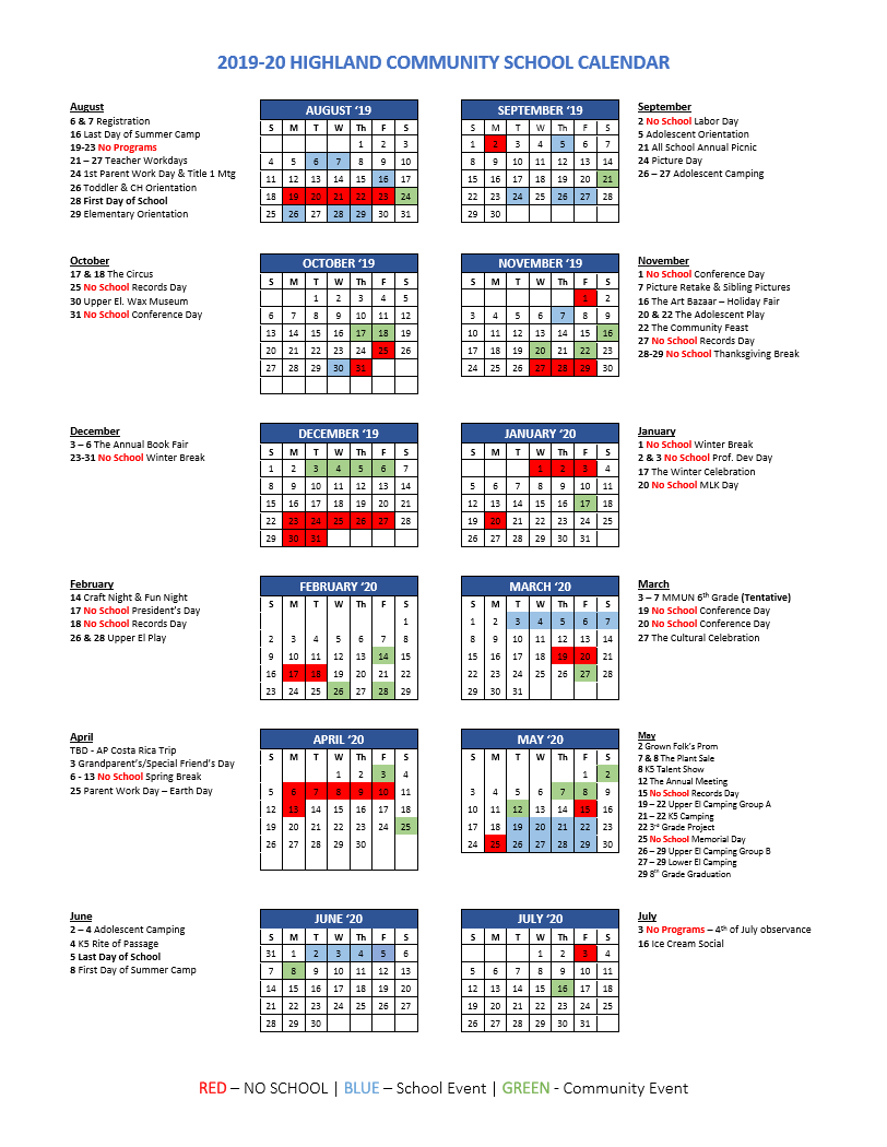 Calendar | Highland Community School