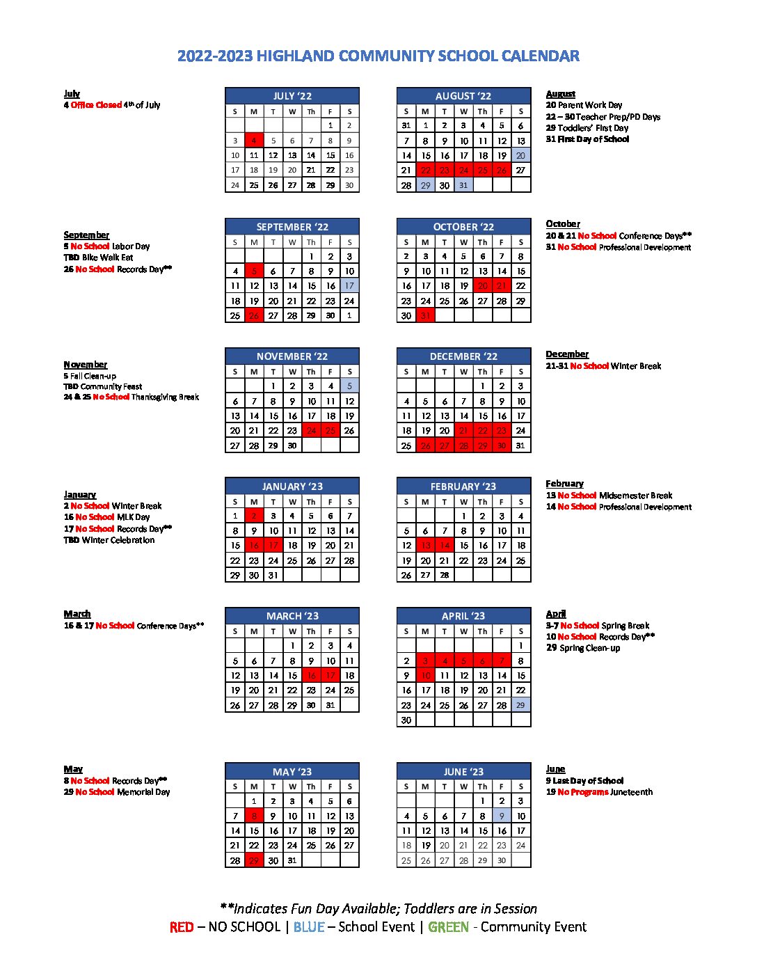 Calendar Highland Community School